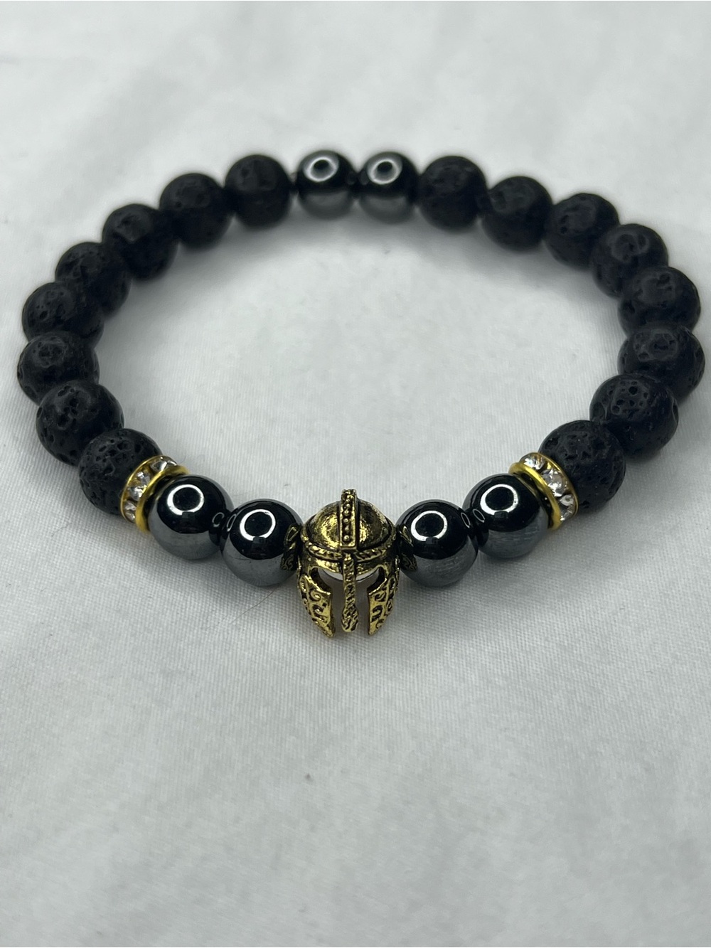 Black Lava & Hematite Spartan Helmet Bracelet with Gold Accent